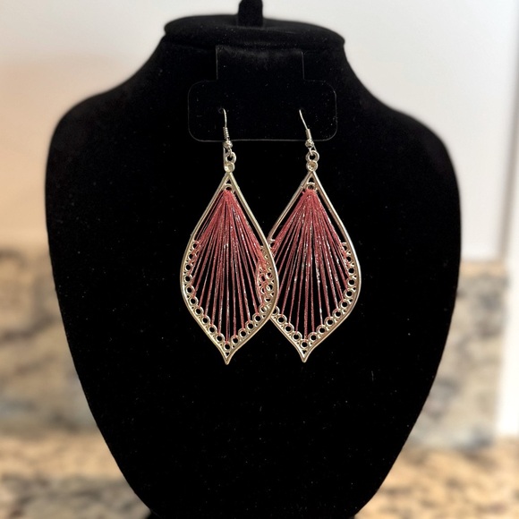 Elegant Silver and Red Teardrop String Earrings - Picture 1 of 2